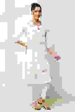 White Cotton Floral Straight Kurta image number 4