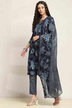 Navy Blue Cotton Floral Printed Straight Suit Set image number 3