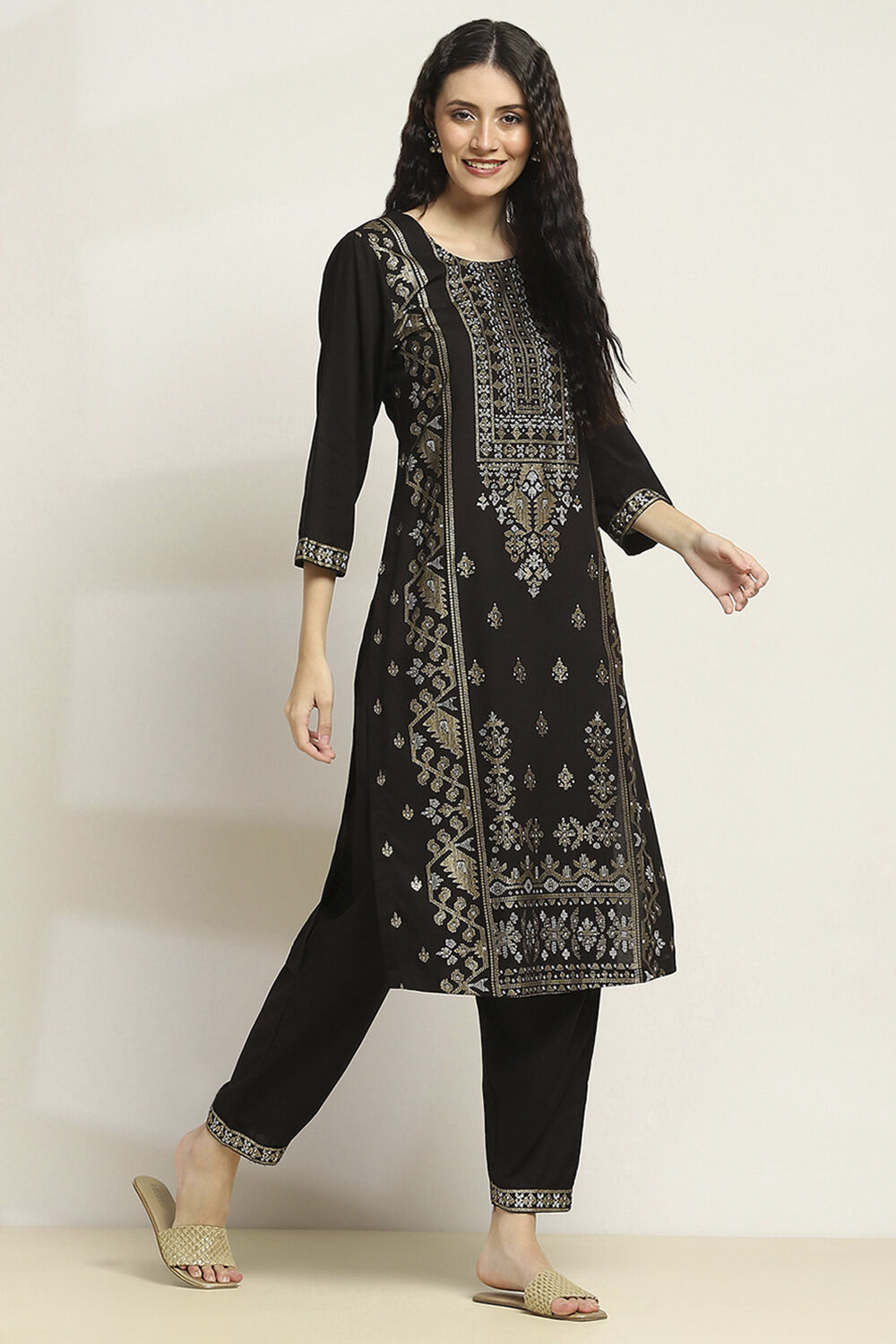 Black Viscose Rayon Printed Straight Kurta Pants Set image number 5