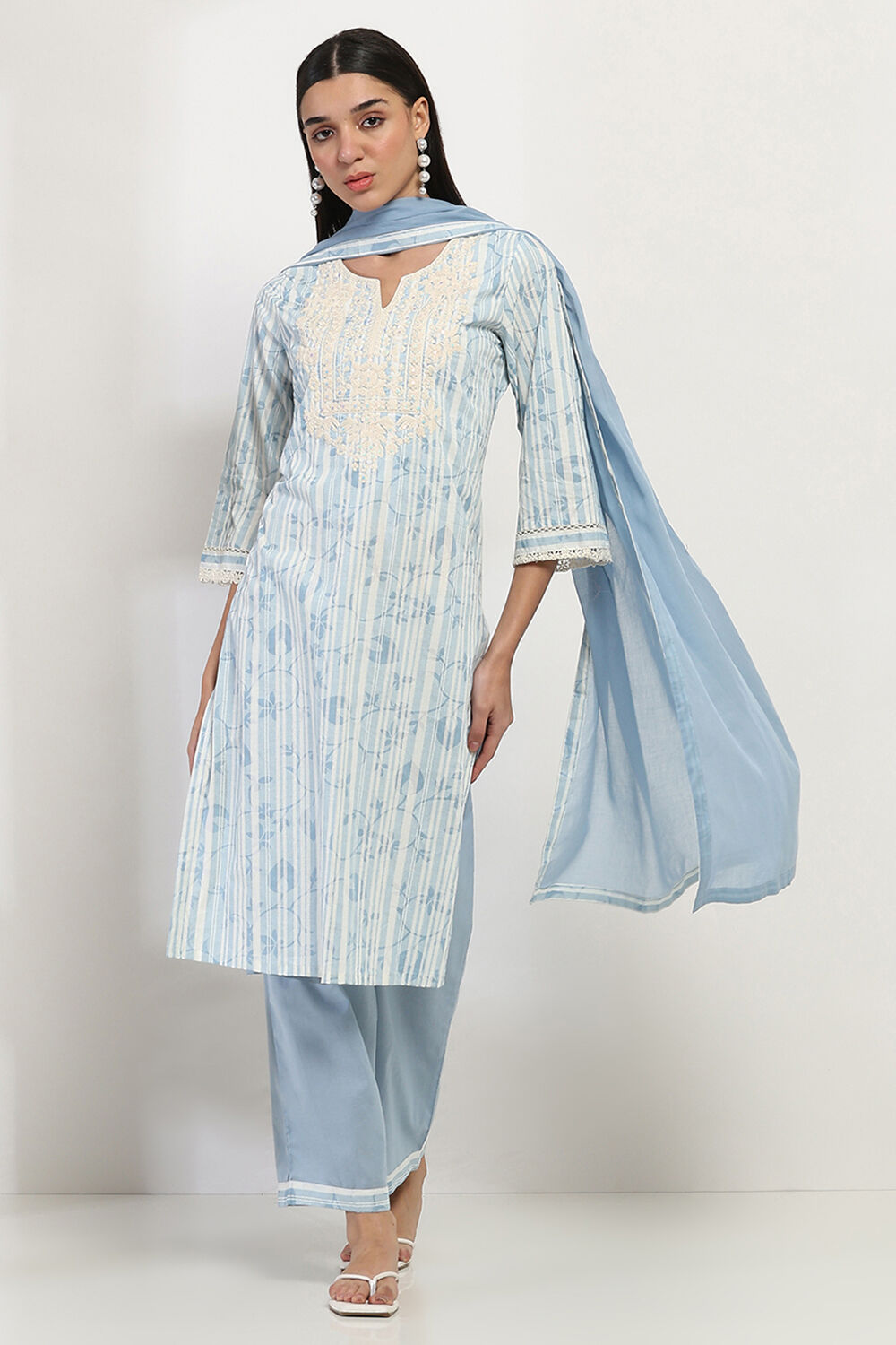 Blue Cotton Printed Straight Suit Set image number 0