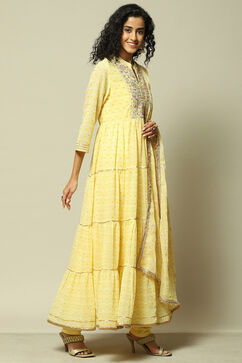 Yellow Polyester Gathered Printed Kurta Churidar Suit Set image number 6