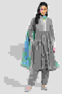 Grey Printed Gathered Suit Set image number 6