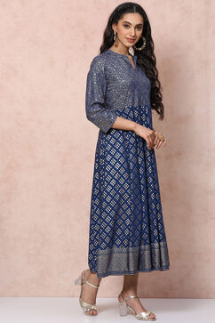 Navy Blue Viscose Rayon Kalidar Dress image number 3