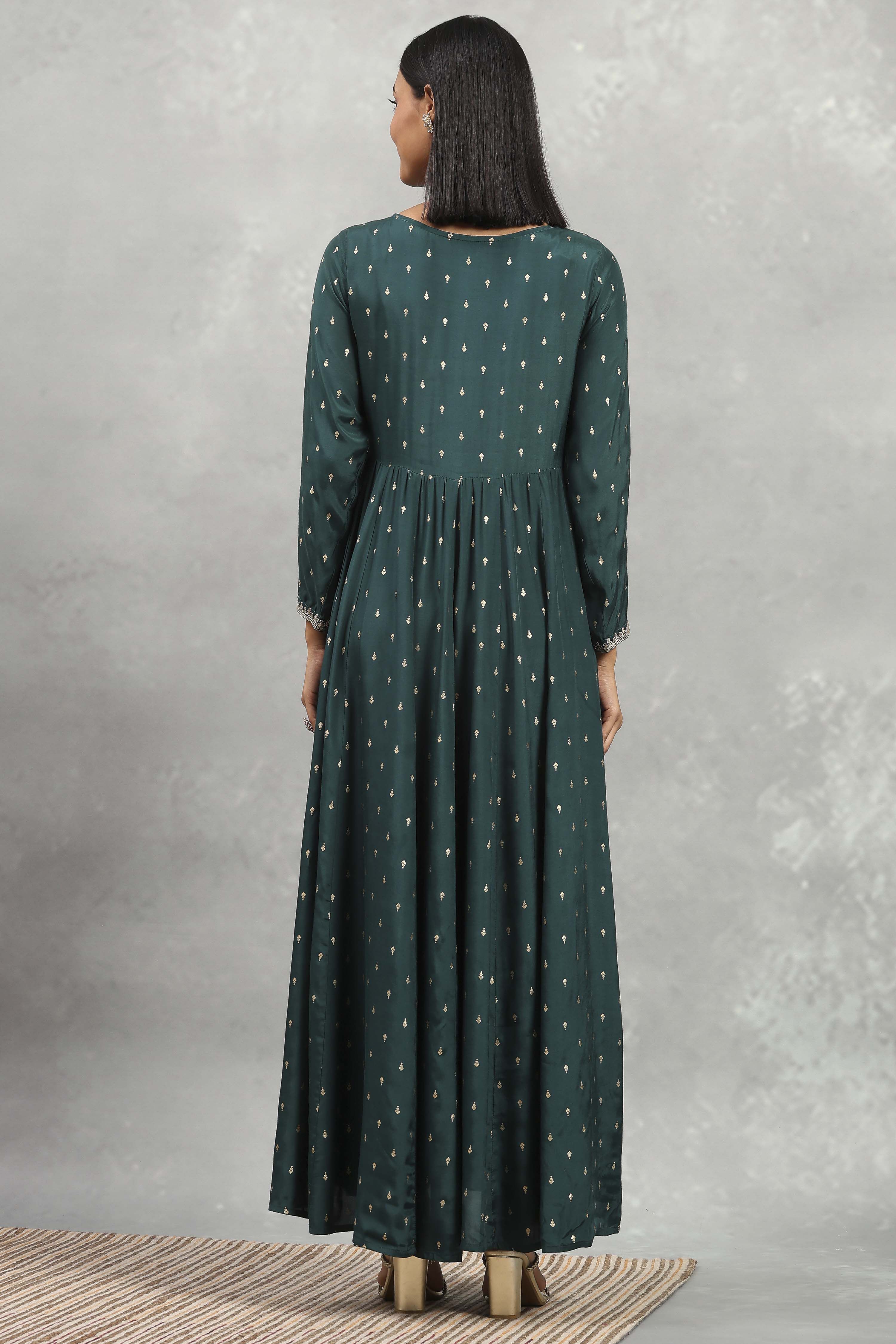 Green Viscose Rayon Printed Anarkali Dress image number 3