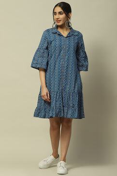 Indigo Cotton Blend Tiered Dress image number 5