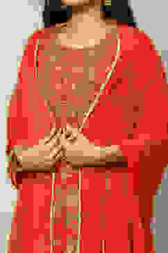 Red Cotton Lurex Floral Printed Straight Suit Set image number 1