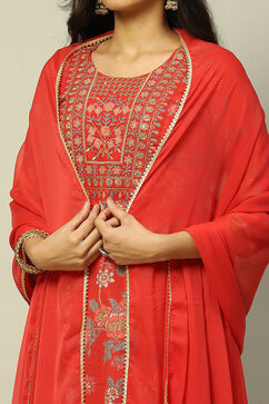Red Cotton Lurex Floral Printed Straight Suit Set image number 1