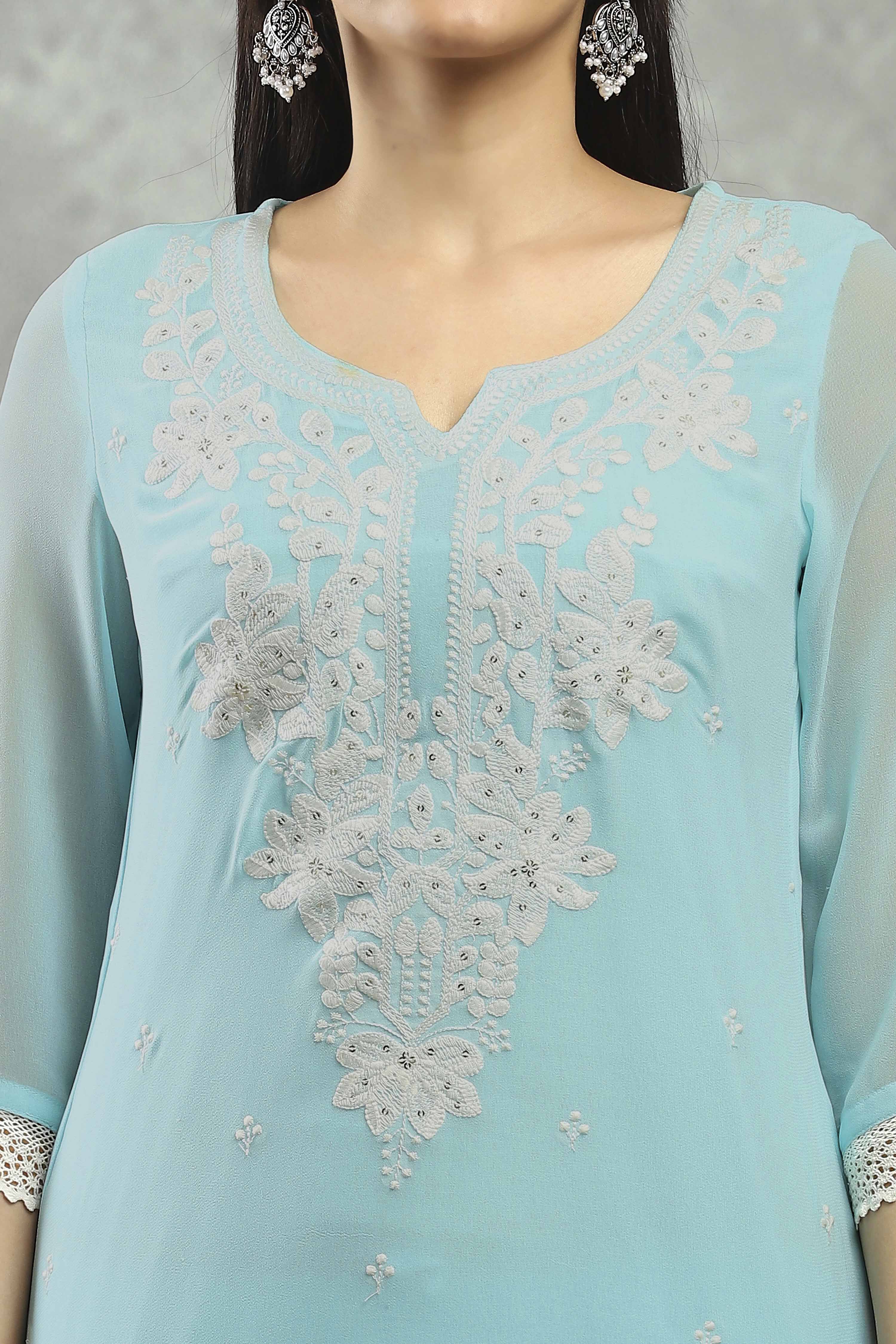 Sky Blue Polyester Straight Kurta Pants Set image number 1