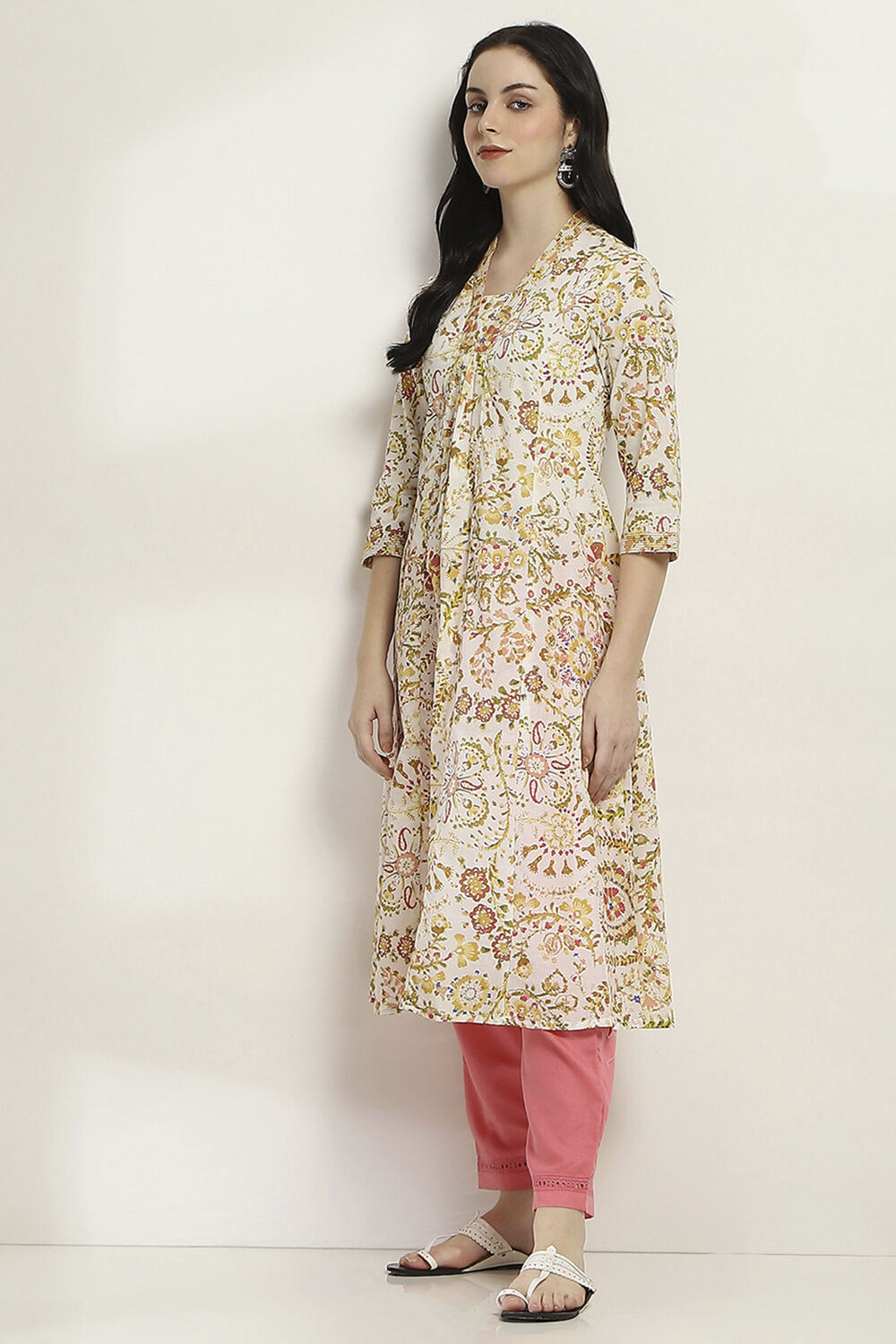Yellow Cotton Printed Kalidar Kurta image number 5