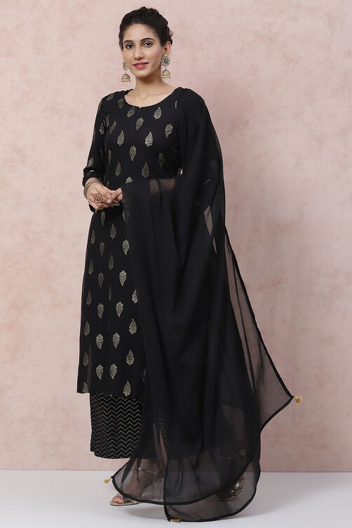 Black Viscose Rayon Straight Suit Set image number 4