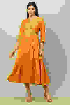 Yellow Viscose Shantoon Printed Tiered Dress image number 0