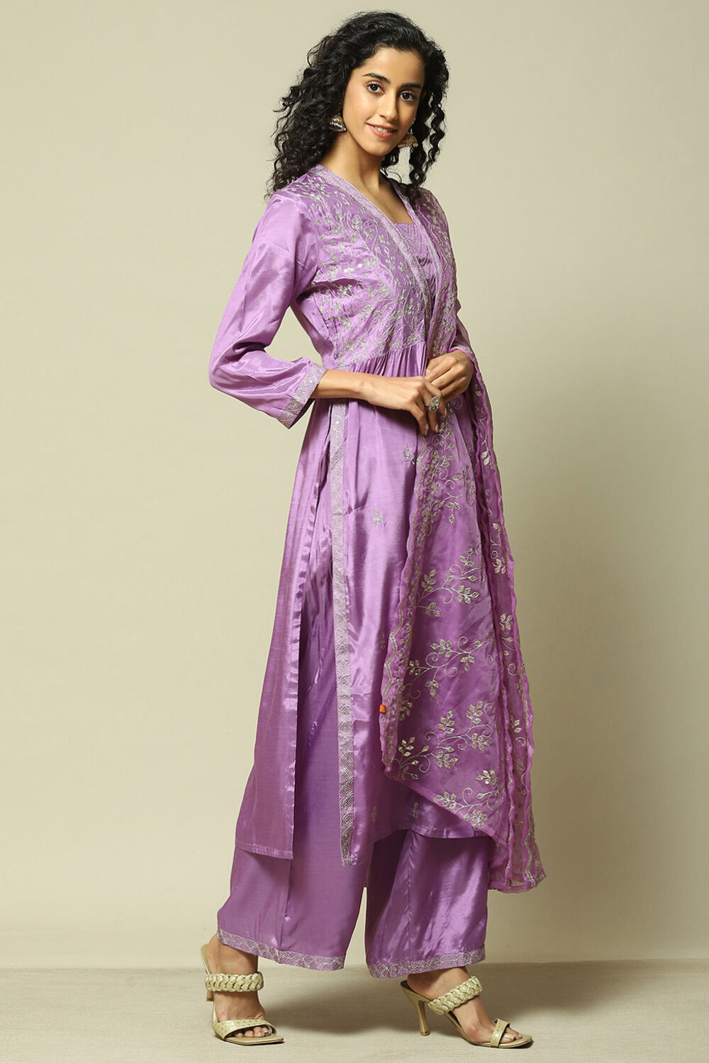 Rust Viscose Gathered Embroidered Kurta Palazzo Suit Set image number 6