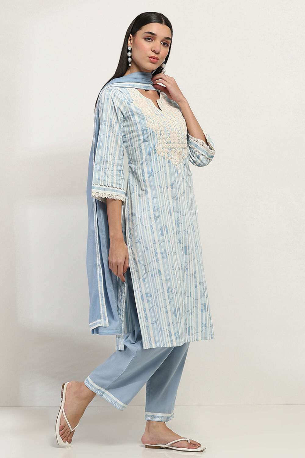 Blue Cotton Printed Straight Suit Set image number 5