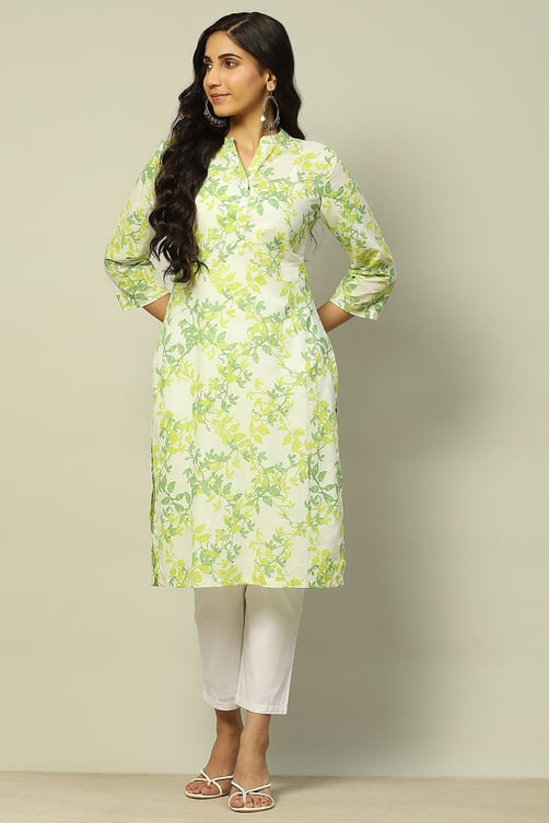 White and Blue Cotton Floral Printed Straight Kurta image number 0