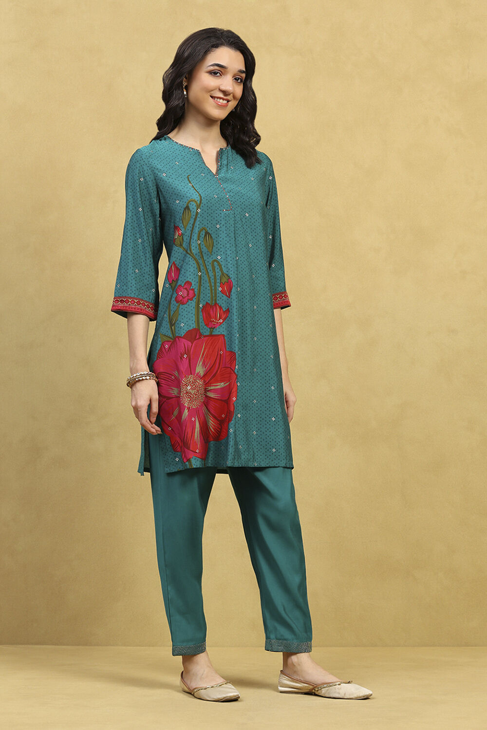 Teal Viscose Blend Printed Straight Kurta Pants Set image number 5