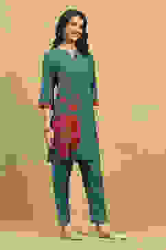 Teal Viscose Blend Printed Straight Kurta Pants Set image number 5
