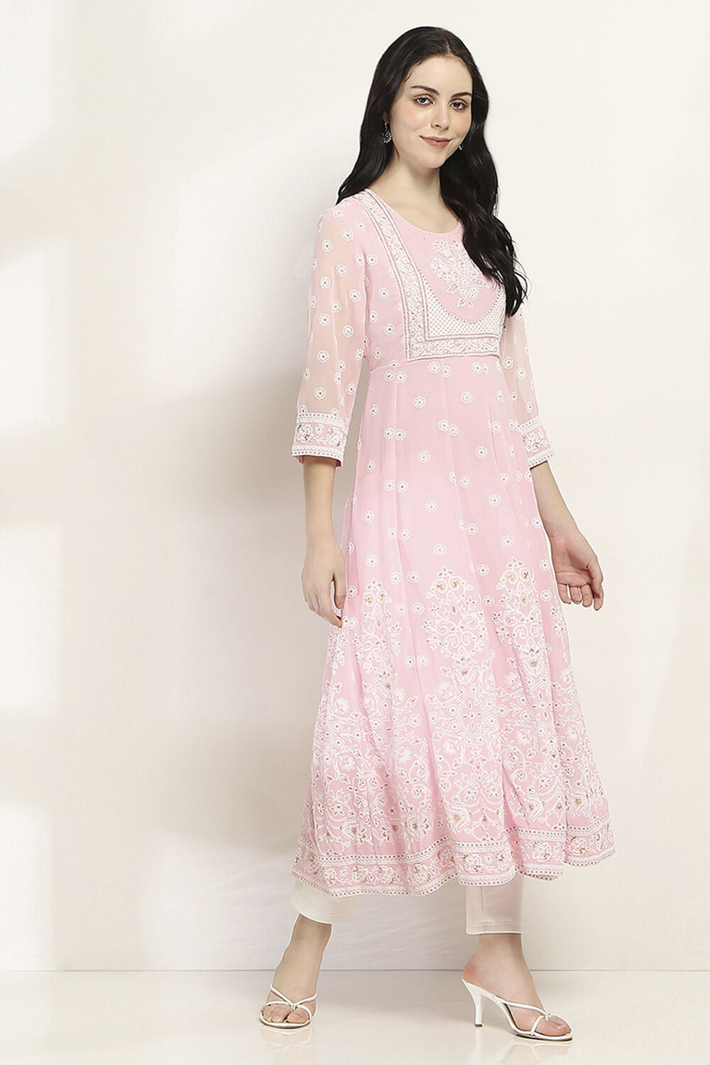 Pink Printed Kalidar Kurta image number 4