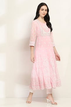 Pink Printed Kalidar Kurta image number 4