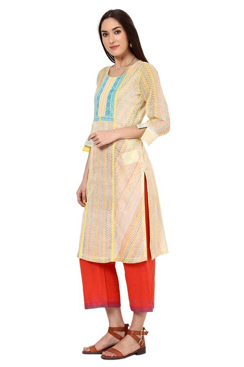 Yellow Straight Cotton Kurta image number 2