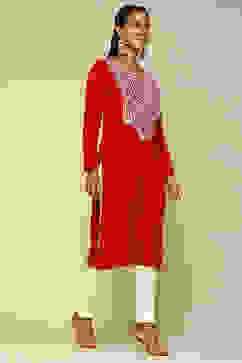 Red Acrylic Straight Kurta image number 4