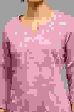 Lavender Viscose Blend Printed Straight Kurta Pants Set image number 1