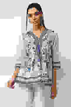 Blue Cotton Floral Printed Flared Top image number 5