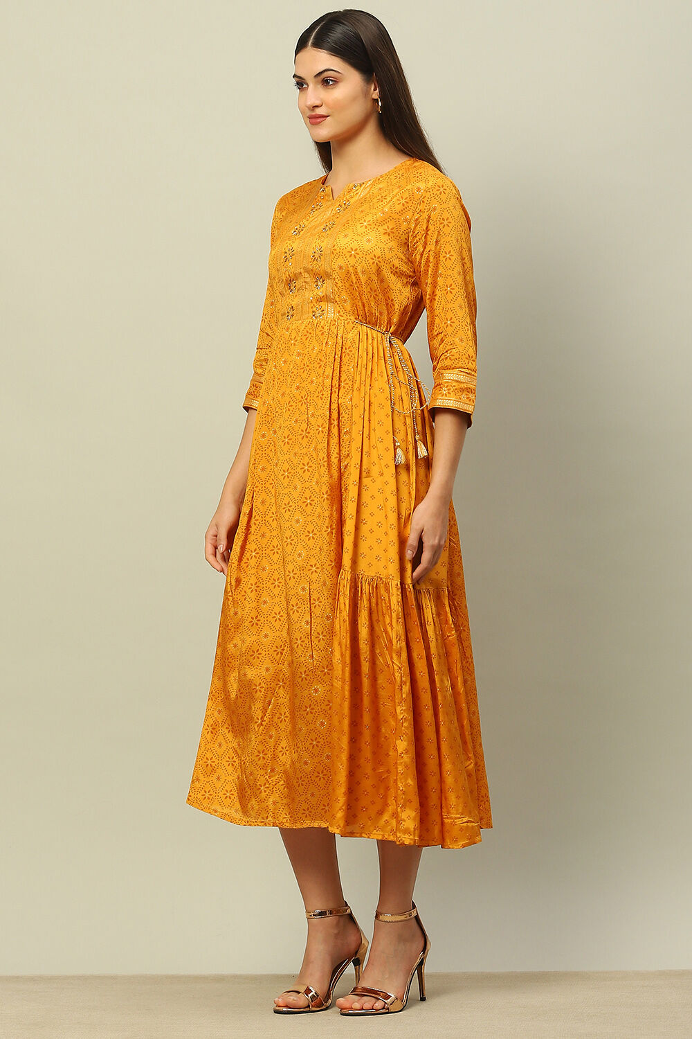 Yellow Viscose Shantoon Printed Tiered Dress image number 2