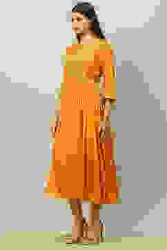 Yellow Viscose Shantoon Printed Tiered Dress image number 2