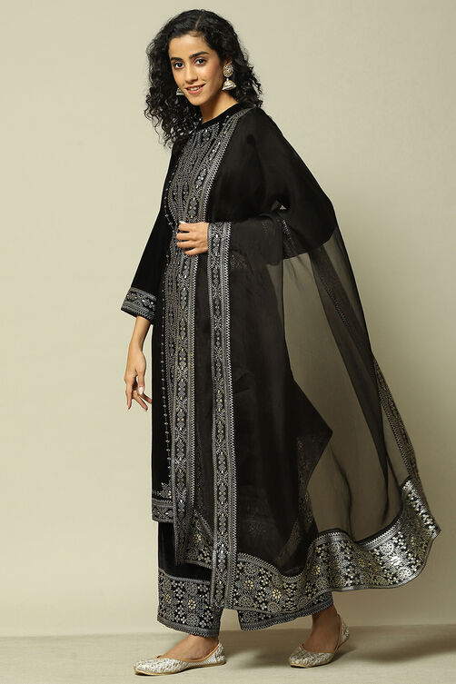 Black Polyester Straight Printed Kurta Palazzo Suit Set image number 4