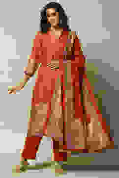 Rust Polyester Straight Printed Kurta Palazzo Suit Set image number 0