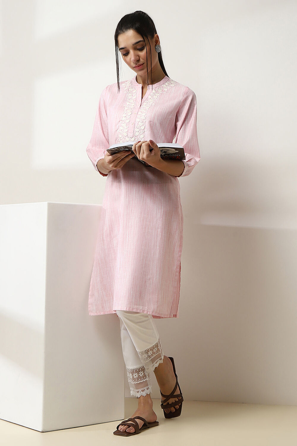 Blue Cotton Yarn-Dyed Straight Kurta image number 0