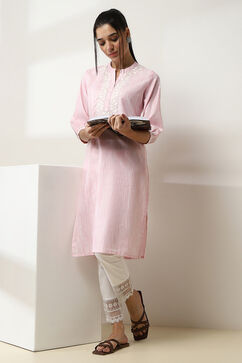 Pink Cotton Yarn-Dyed Straight Kurta image number 0