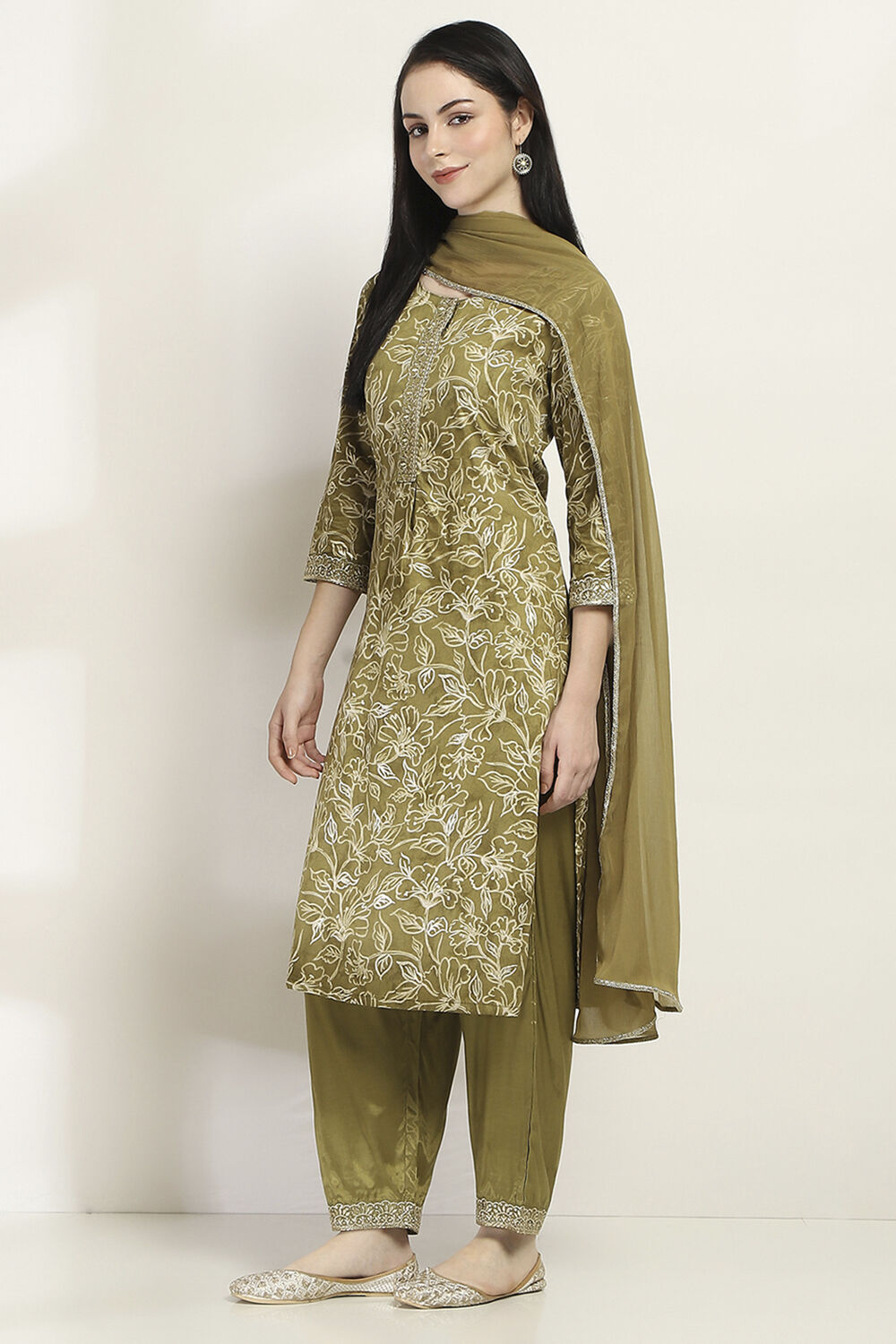 Olive Green Floral Straight Suit Set image number 3