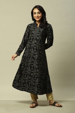 Black Cotton Blend Straight Printed Dress image number 0