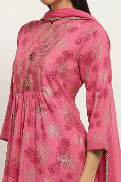 Onion Pink Viscose Blend Gathered Printed Kurta Salwar Suit Set image number 1