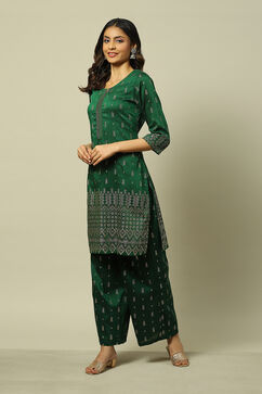 Green Cotton Blend Woven Straight Kurta Suit Set image number 3