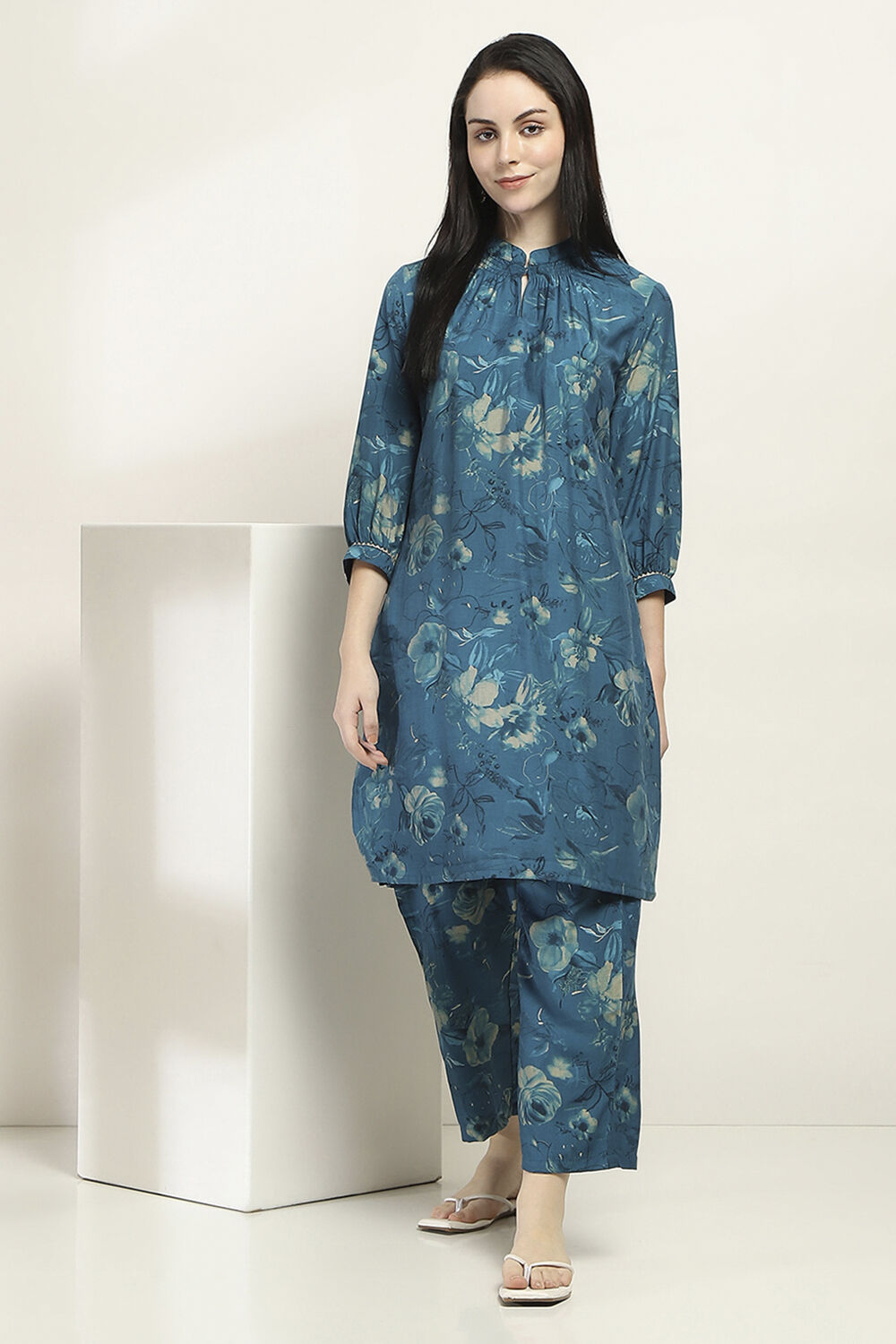 Blue Printed Straight Co-ord Set image number 0