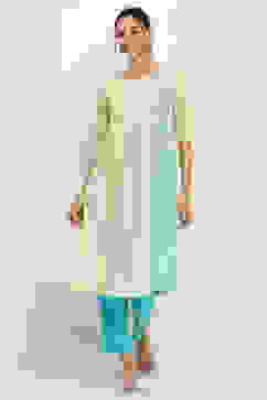 Lime Green Cotton Pleated Straight Kurta image number 5