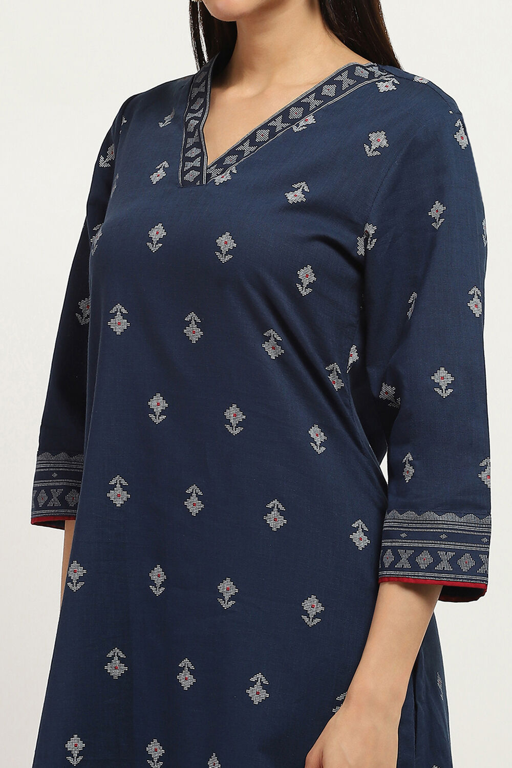 Navy Blue Cotton Printed Straight Kurta Set image number 1