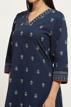 Navy Blue Cotton Printed Straight Kurta Set image number 1
