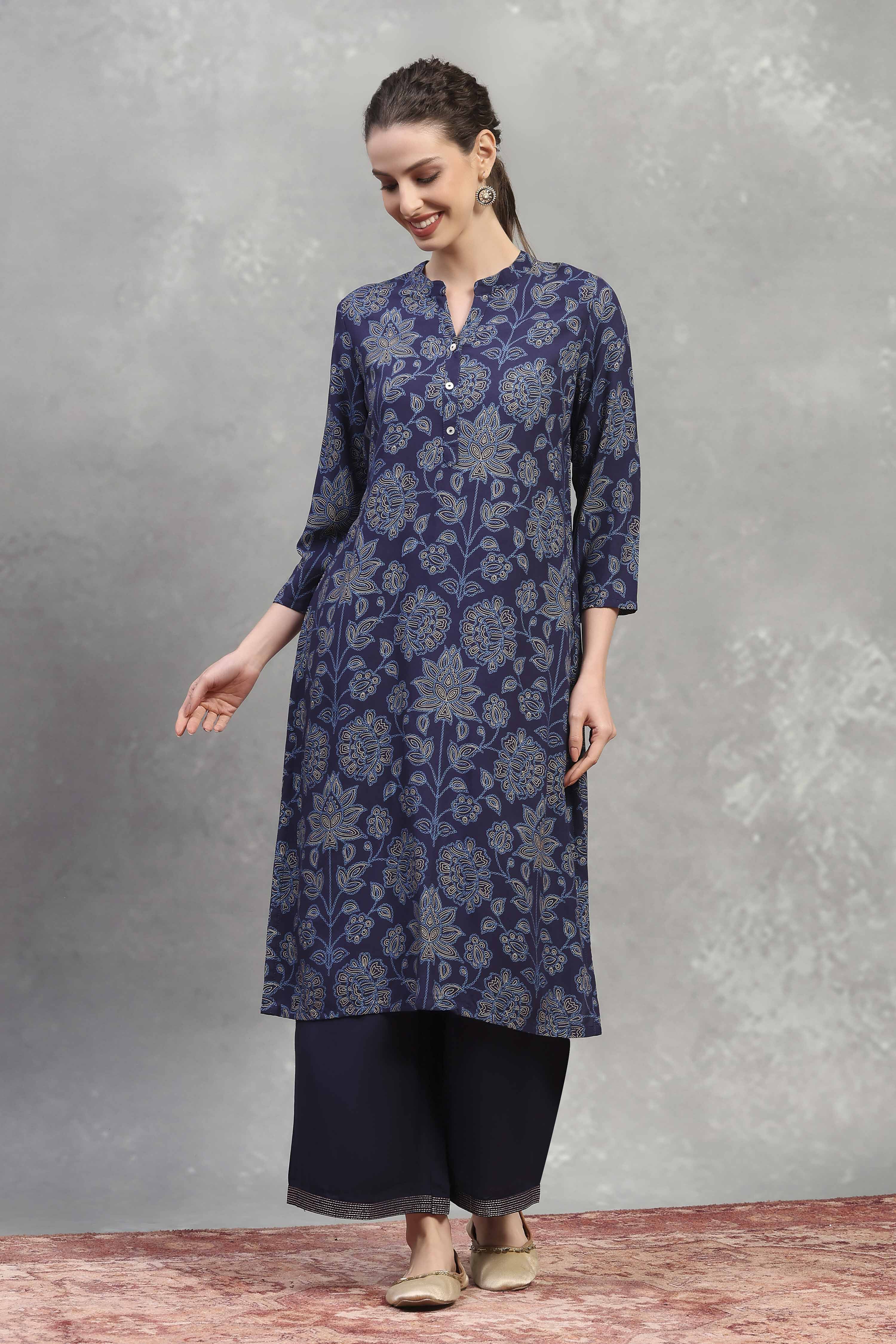 Blue Viscose Rayon Printed Straight Kurta image number 0