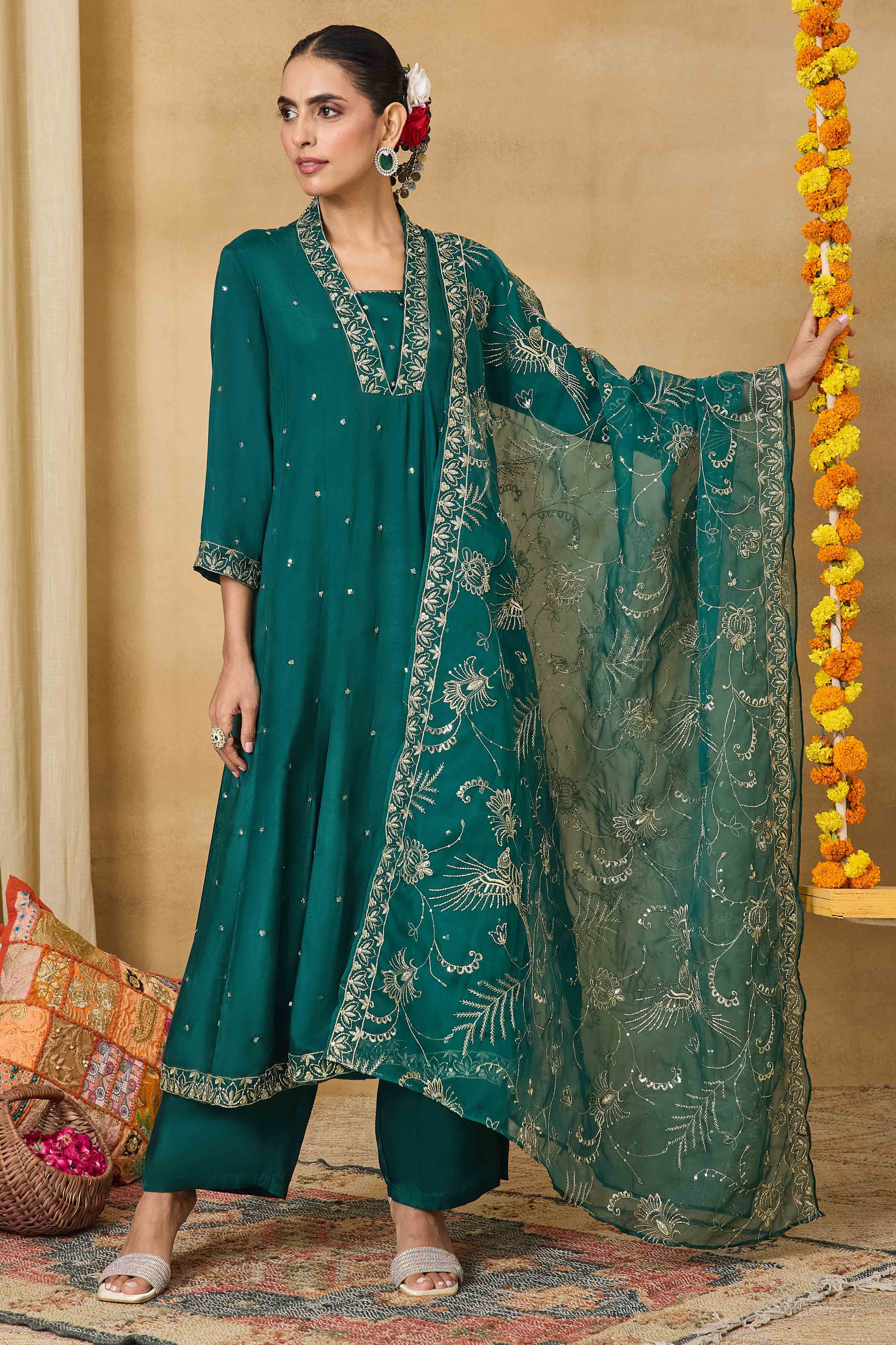 Green Viscose Rayon Kalidar Solid Suit Set image number 0