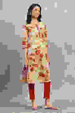 Beige Floral Printed Straight Kurta image number 4