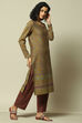 Olive Jacquard Straight Yarndyed Kurta Palazzo Suit Set image number 5