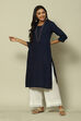 Indigo Blue LIVA Straight Solid Kurta image number 2