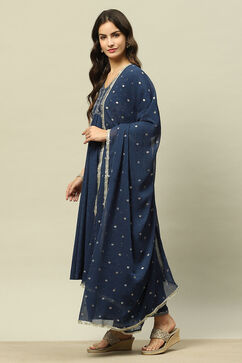 Blue Viscose Blend Gathered Yarn Dyed Kurta Palazzo Suit Set image number 3