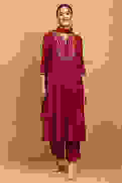 Red Viscose Blend Embroidered Flared Suit Set image number 6