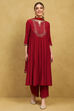 Red Viscose Blend Embroidered Flared Suit Set image number 6