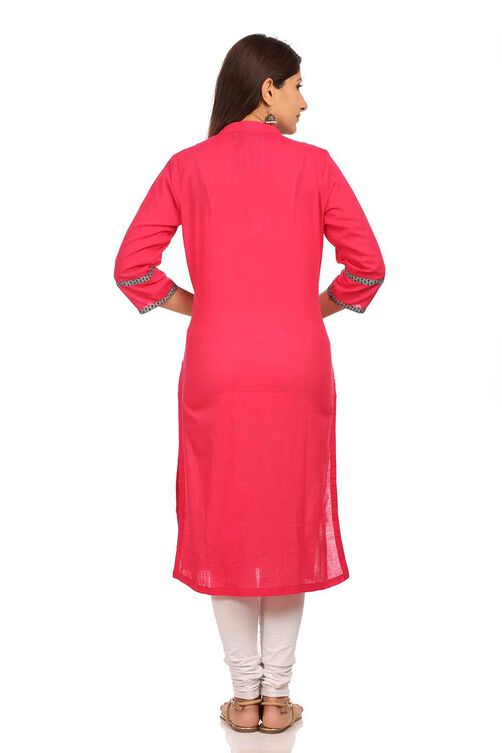 Pink Straight Cotton Kurta image number 3