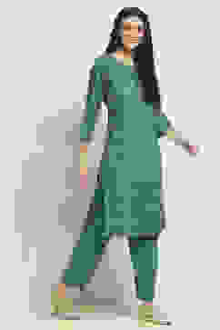 Teal Viscose Rayon Printed Straight Kurta Pants Set image number 5